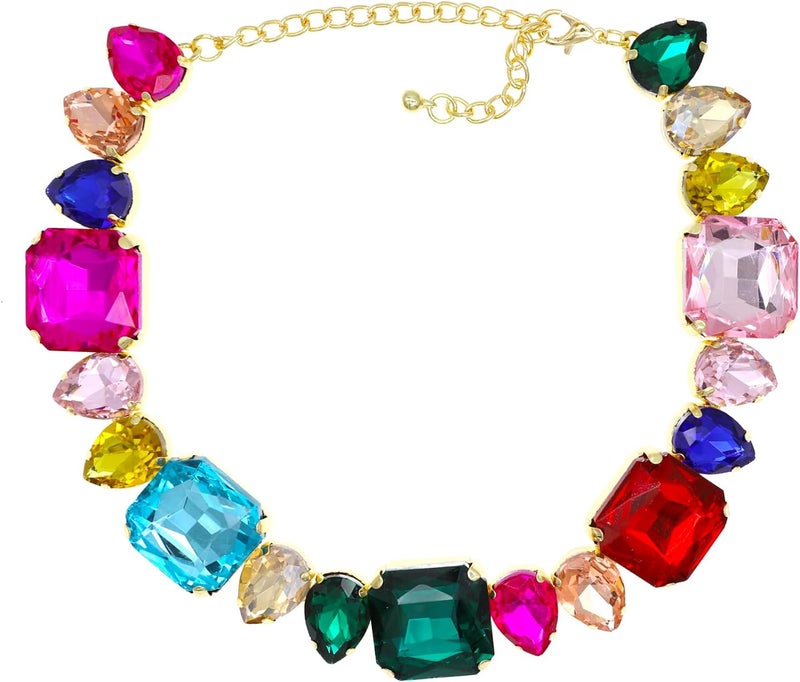Crystal Rhinestone Choker Collar Necklace For Women Emerald Statement Piece Sparkly Colorful Crystal Neck Gold Chain Necklace